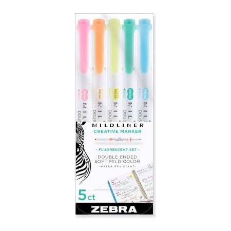 Zebra Pen Zebra Mildliner Double Ended Highlighter, Chisel/Bullet Tip, Assorted Colors, 5/Pack 78105
